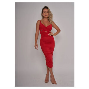 VALENTINES DRESS Red Cross Front Ruched Midi Dress - LARGE